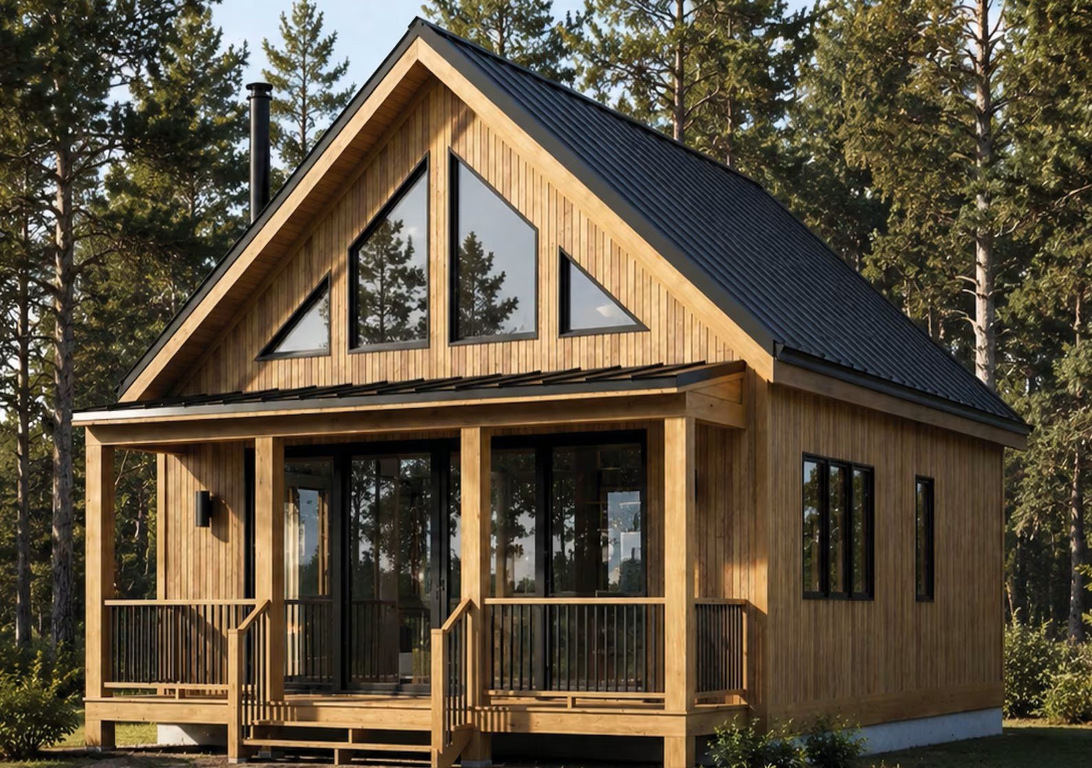 Cabin exterior in a wooded setting